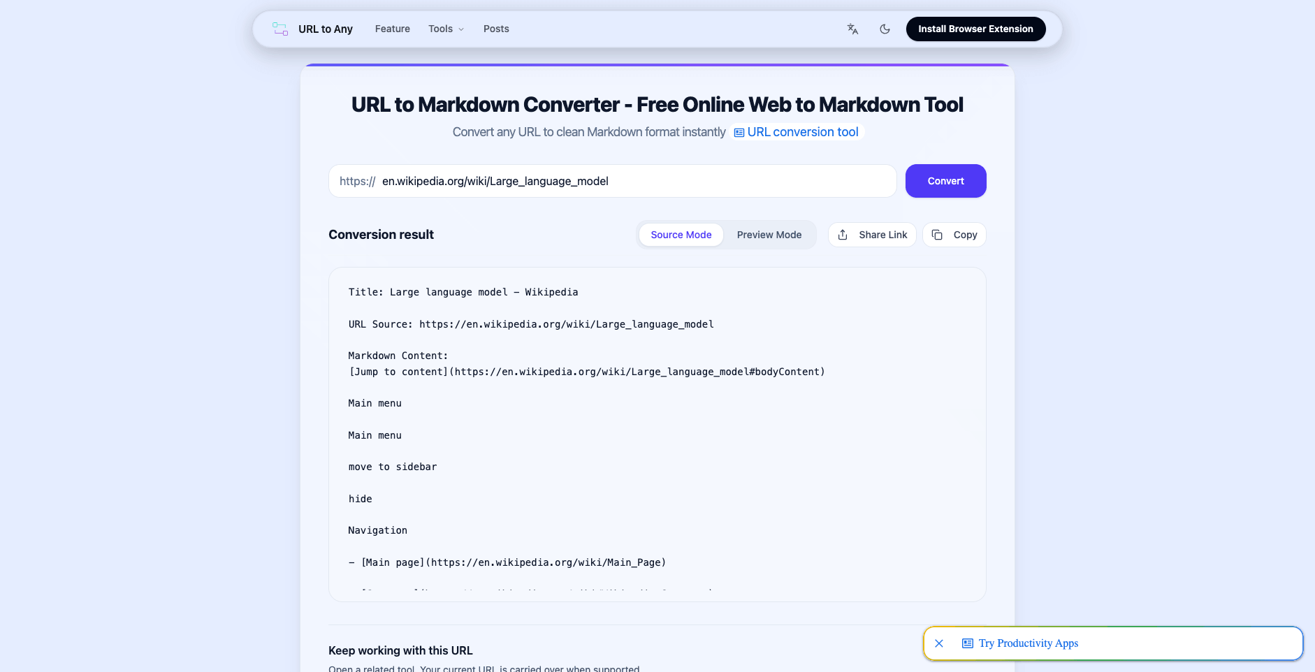 URL to Any 的网页转 Markdown 工具正在把维基百科的大语言模型条目转换为干净的 Markdown