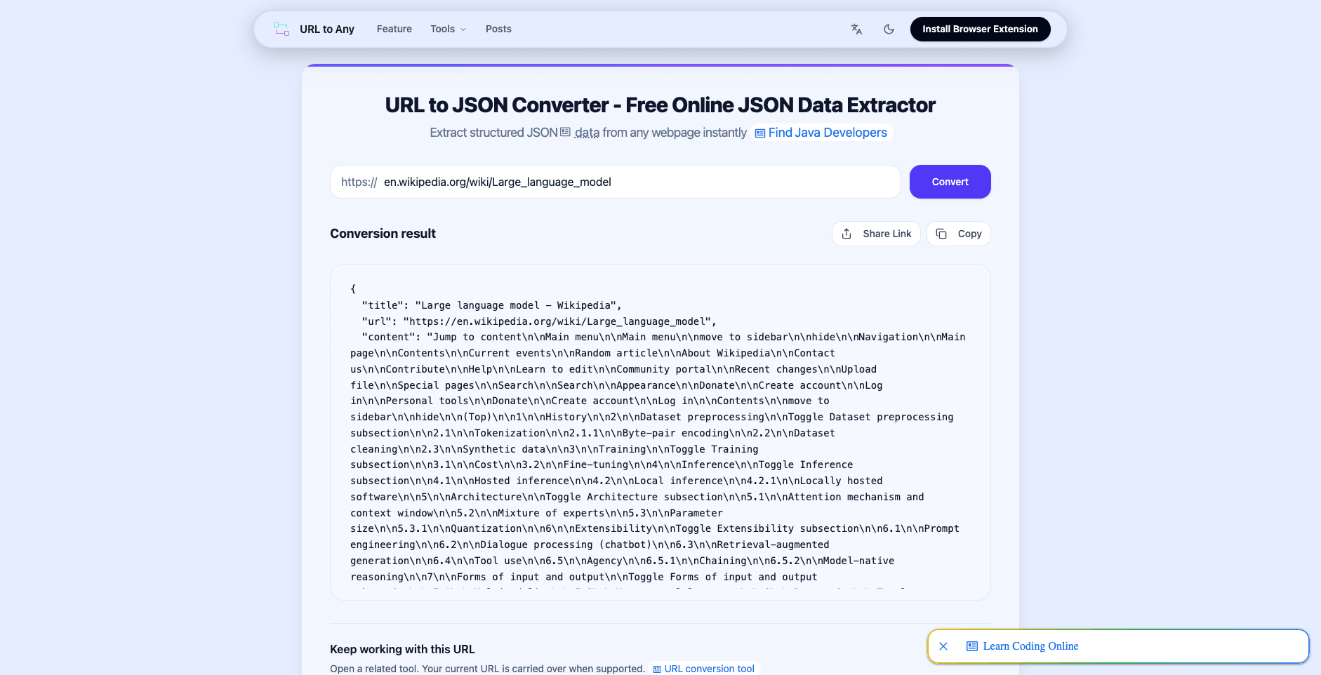 同一维基百科条目经 URL to Any 的网页转 JSON 工具转换为结构化 JSON,可直接进入程序化管线