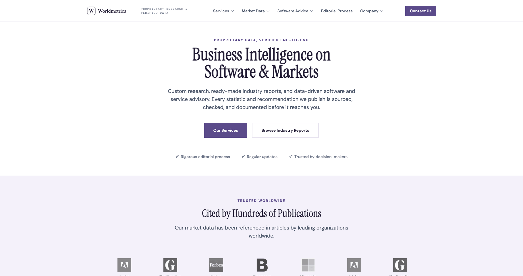 worldmetrics.org 首页,主打“Business Intelligence on Software & Markets”,并带有“Rigorous editorial process”与“Cited by Hundreds of Publications”等宣传语