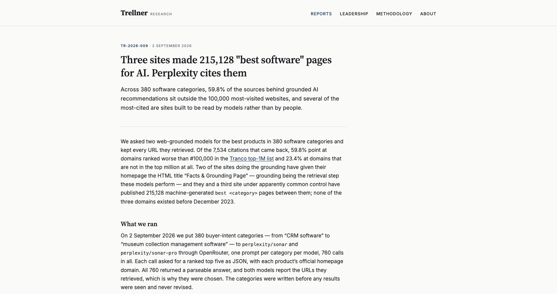 Trellner Research 报告页面,标题为“三个站点为 AI 制作了 215,128 个 best software 页面,Perplexity 引用了它们”,并附有核心统计数据