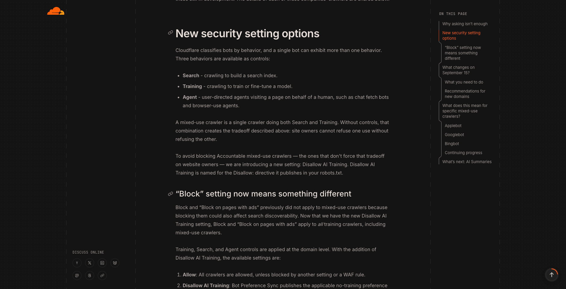 Cloudflare 公告列出四种爬虫控制设置：Allow、Disallow AI Training、Block on pages with ads 和 Block