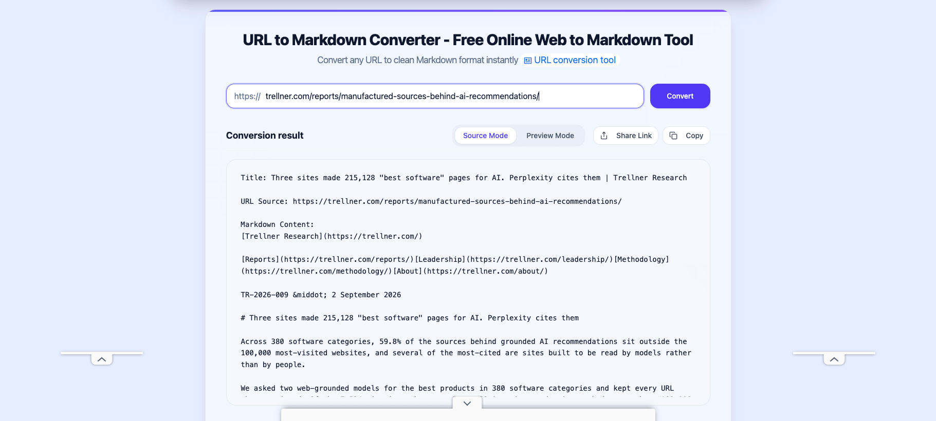 URL to Any 的 URL to Markdown 工具,展示一个真实网页被转换为整洁的 Markdown 文本